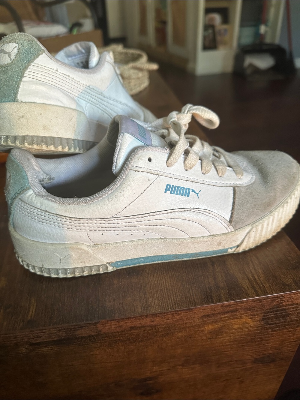 Puma White and Light Blue Low-Top Suede & Leather Sneakers